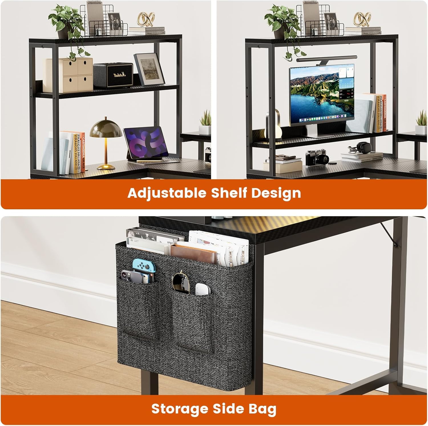 REAHOME 70 Inch L Shaped Desk with File Drawers and Reversible Storage Shelves, Computer Desk with Power Outlet & LED Strip, Home Office Desks, Writing Study Desk for Bedroom, Carbon Fiber Black