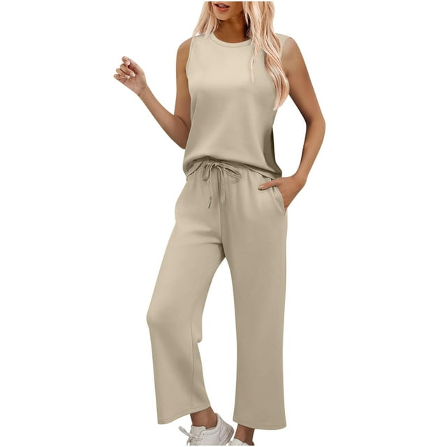 Mgmyaa Ensemble Deux Pièces pour Femmes Tenues d'Été Vacances Ensembles de Détente Tendance Col Rond Ensembles Assortis