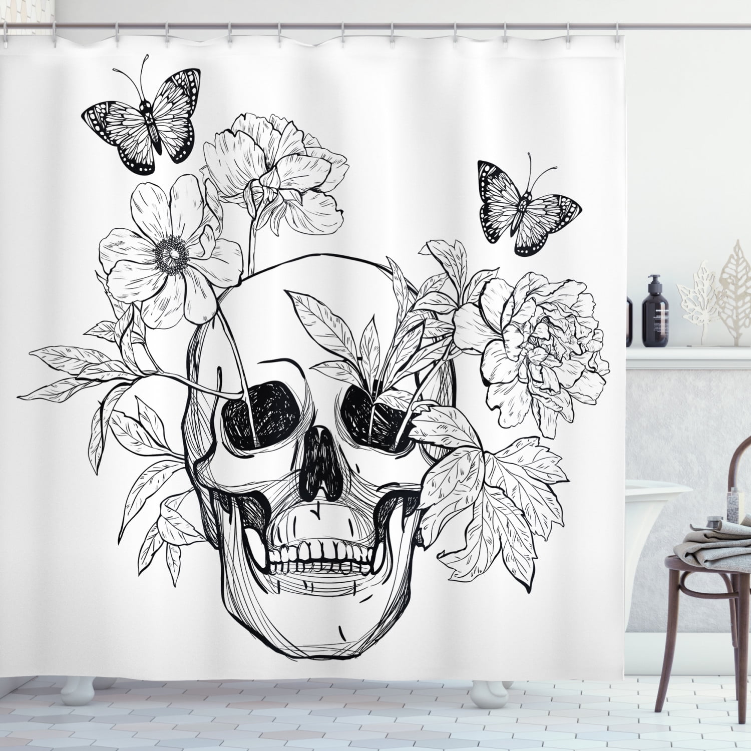 Gothic Theme Scary Skull Bathroom Shower Curtain Set Fabric & Hooks 71" & Hooks 