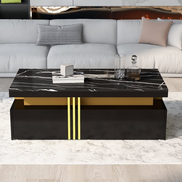Noble House Modern Coffee Table,Marble Pattern High-Gloss Top,Black