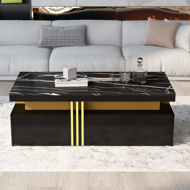 Noble House Modern Coffee Table,Marble Pattern High-Gloss Top,Black