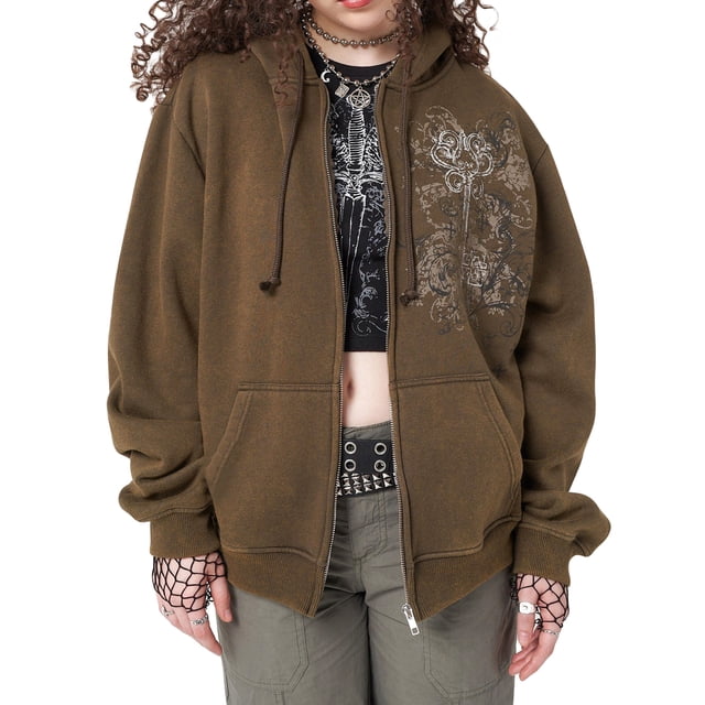 TRKIYQC Abrigo con capucha de manga larga marrón para mujer, estampado vintage Cordón ajustable Cierre de cremallera Bolsillos laterales Ropa de abrigo gruesa con capucha TRKIYQC moda