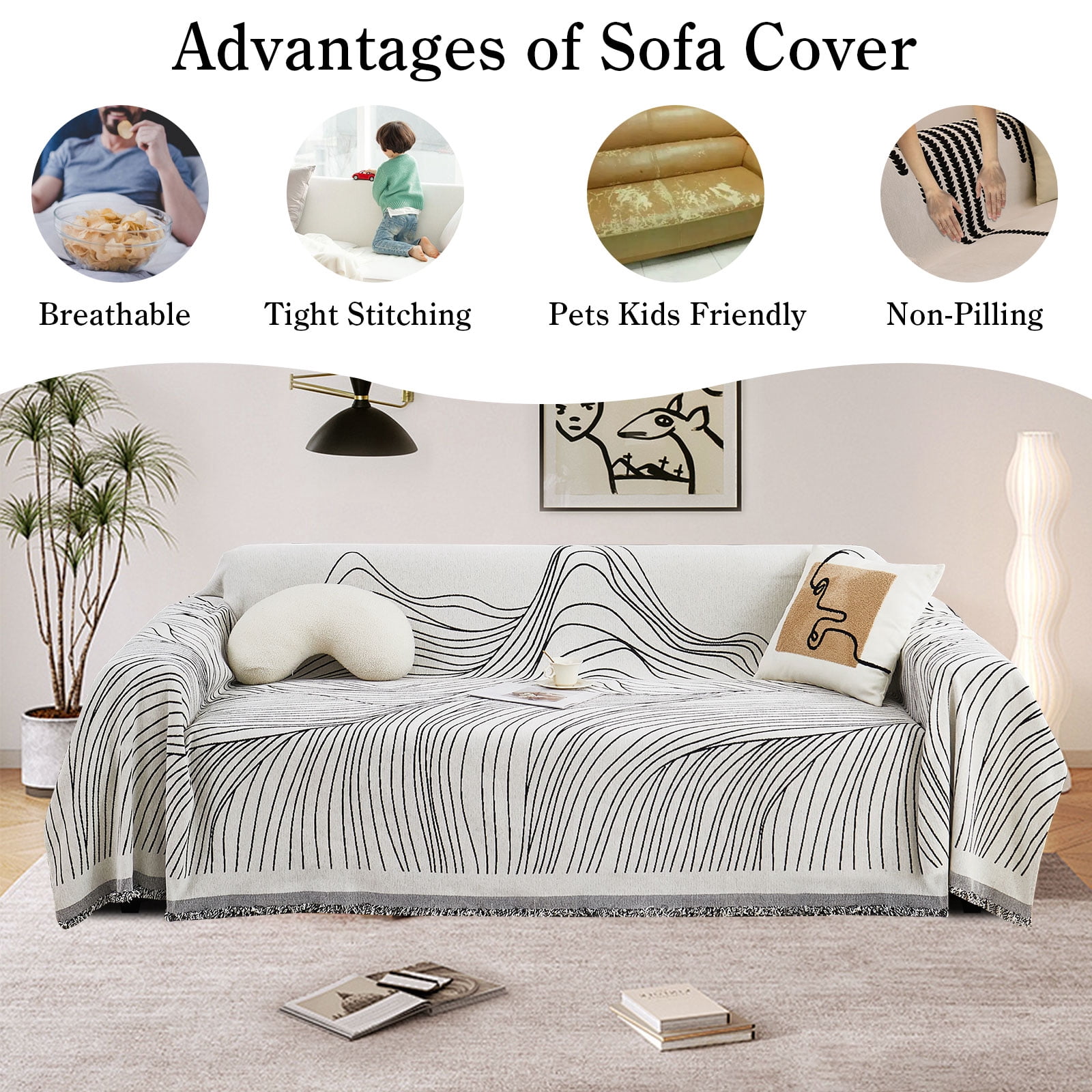 Eurhowing Boho Couch Cover for 2-3 Cushion Couch, Chenille Sofa Cover Blanket with a Pillowcase, Anti-Slip Tassel Sofa Slipcover for Pet, (71'' x 118'', Black Stripe)