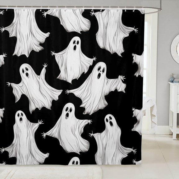 Halloween Ghost Shower Curtain Black And White Spooky Bathroom Decor Waterproof Fabric 71x71 inches