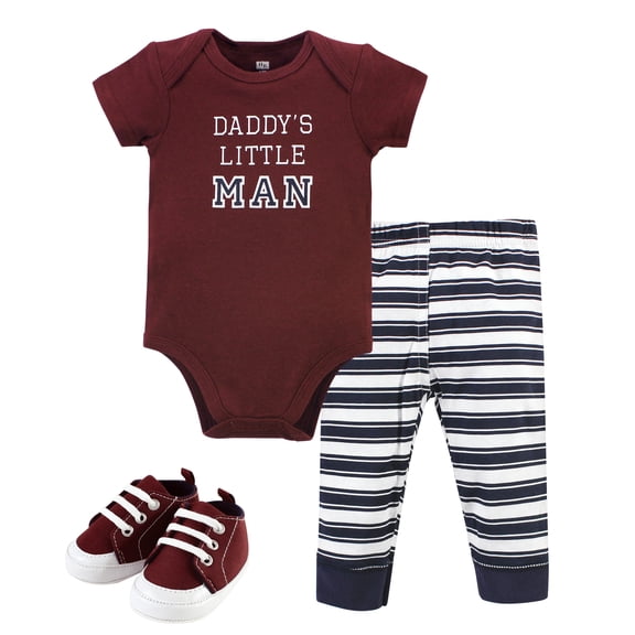 Hudson Baby Infant Boy Cotton Bodysuit, Pant and Shoe Set, Boy Daddy Short Sleeve, 0-3 Months