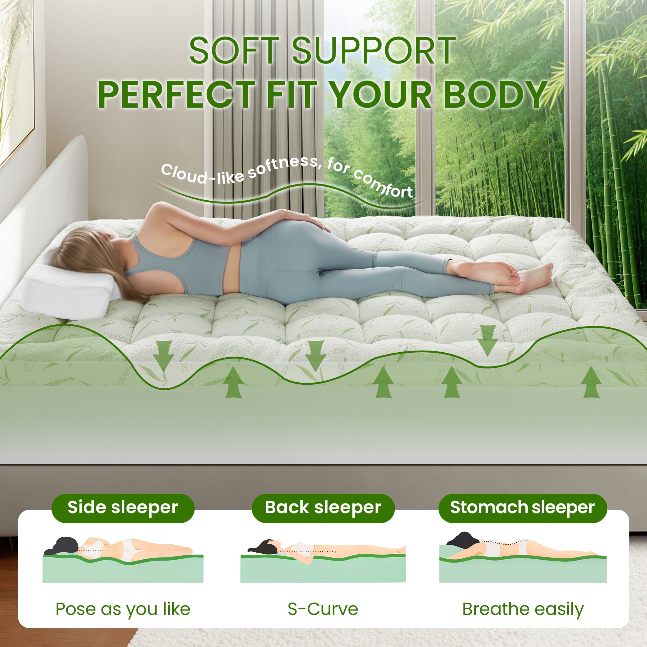 Baauye Cooling Bamboo Mattress Topper, 900GSM Quilted Mattress Pad with 8-21" Deep Pocket, Twin, Green