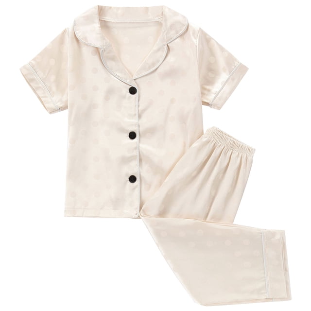 Odeerbi 1-8 Años Niños Niñas Pijama de Verano de Satén Con Solapa de Muesca Camisa de Manga Corta Pantalón Conjunto de Ropa de Dormir Suave Pijama de Dos Piezas