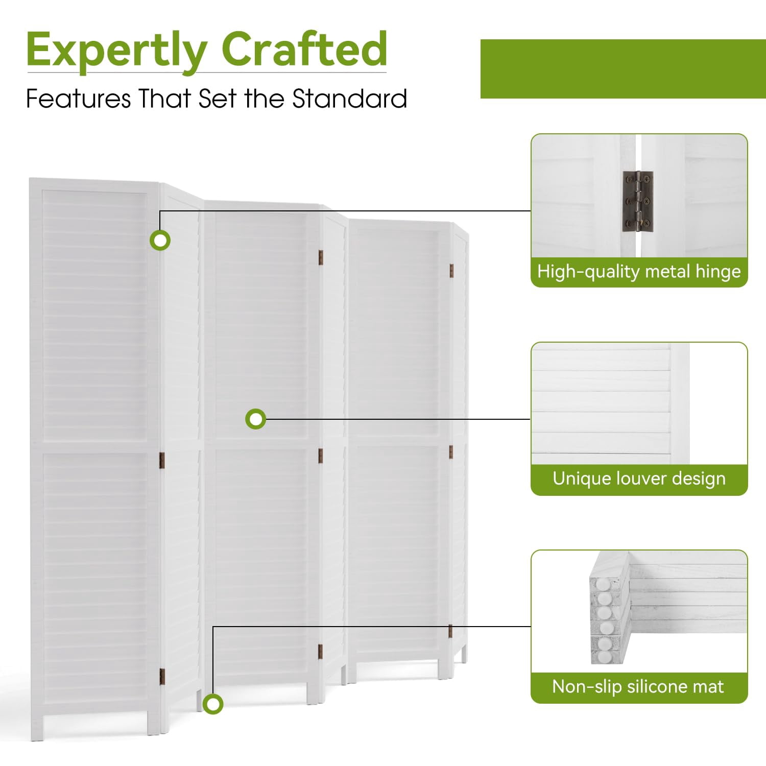NiamVelo Wood Room Divider 6 Panel Privacy Screen Folding Freestanding Partition 5.74 FT Tall Wall Divider for Home Office, White