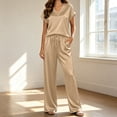 thumbnail image 2 of Silk Pajamas for Women 2 Piece Satin Pjs Cap Short Sleeve Sleepwear V Neck Shirt Long Pant Lounge Sets Beige XL(XL), 2 of 6