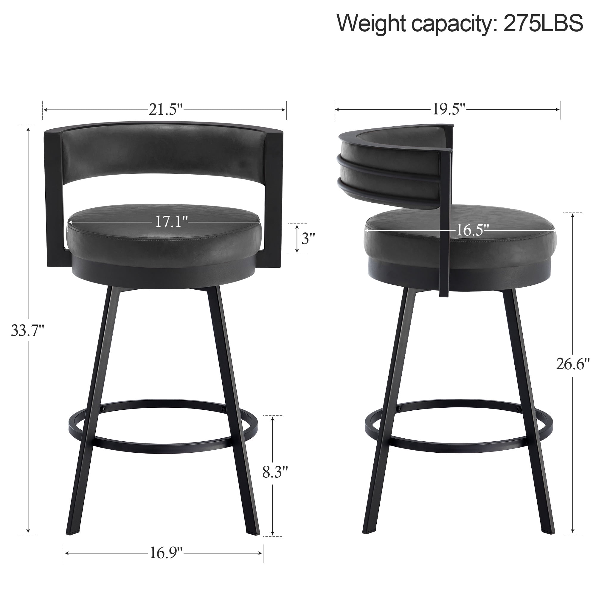 Zesthouse 26.6″ Swivel Bar Stools Set of 2, Faux Leather Upholstered Counter Stools with Barrel Back and Metal Legs, Modern Counter Height Barstools for Kitchen Island, Dark Gray