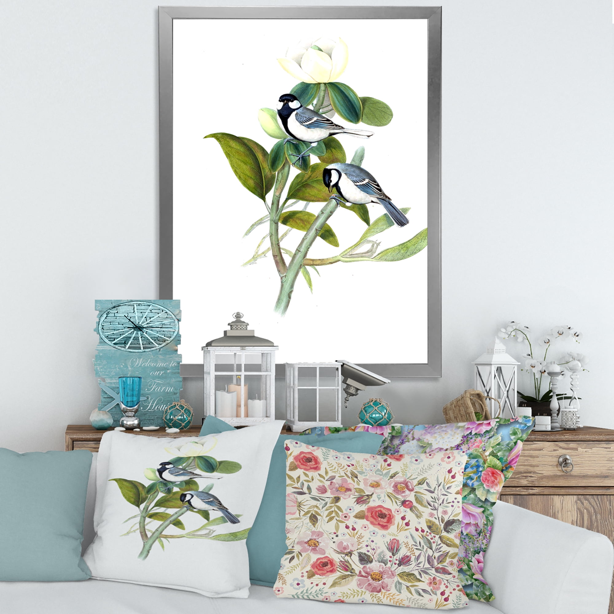 Designart 'Vintage Countryside Birds On Branch I' Farmhouse Framed Art Print