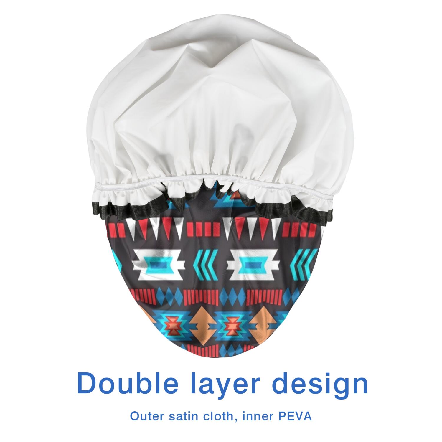 Shower Caps,Blue and Orange Geometric Boho Pattern Waterproof Shower Cap for Women 4 Pieces,Double Reusable Hair Cover for Shower PEVA Elastic Stretch Hem