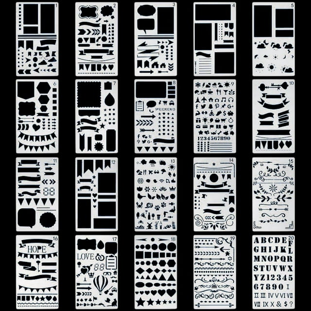 SSZMDLB under $5 Journal Stencils, DIY Drawing Stencils, Plastic Planner Templates for Journal Notebook, 20 Style Shapes Icons for Scrapbook Art, Reusable Template for Crafts Projects