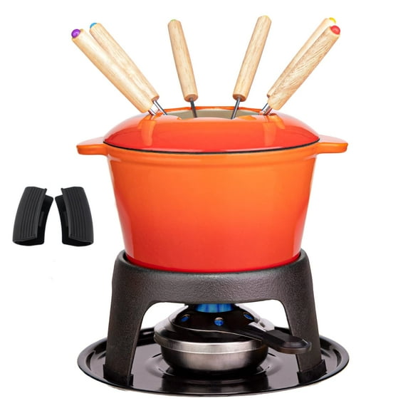 Juego de fondue de hierro fundido Mabeeze para queso, chocolate o carne: incluye olla esmaltada de 1,6 cuartos, 6 tenedores para fondue, quemador, soporte, base y guantes.