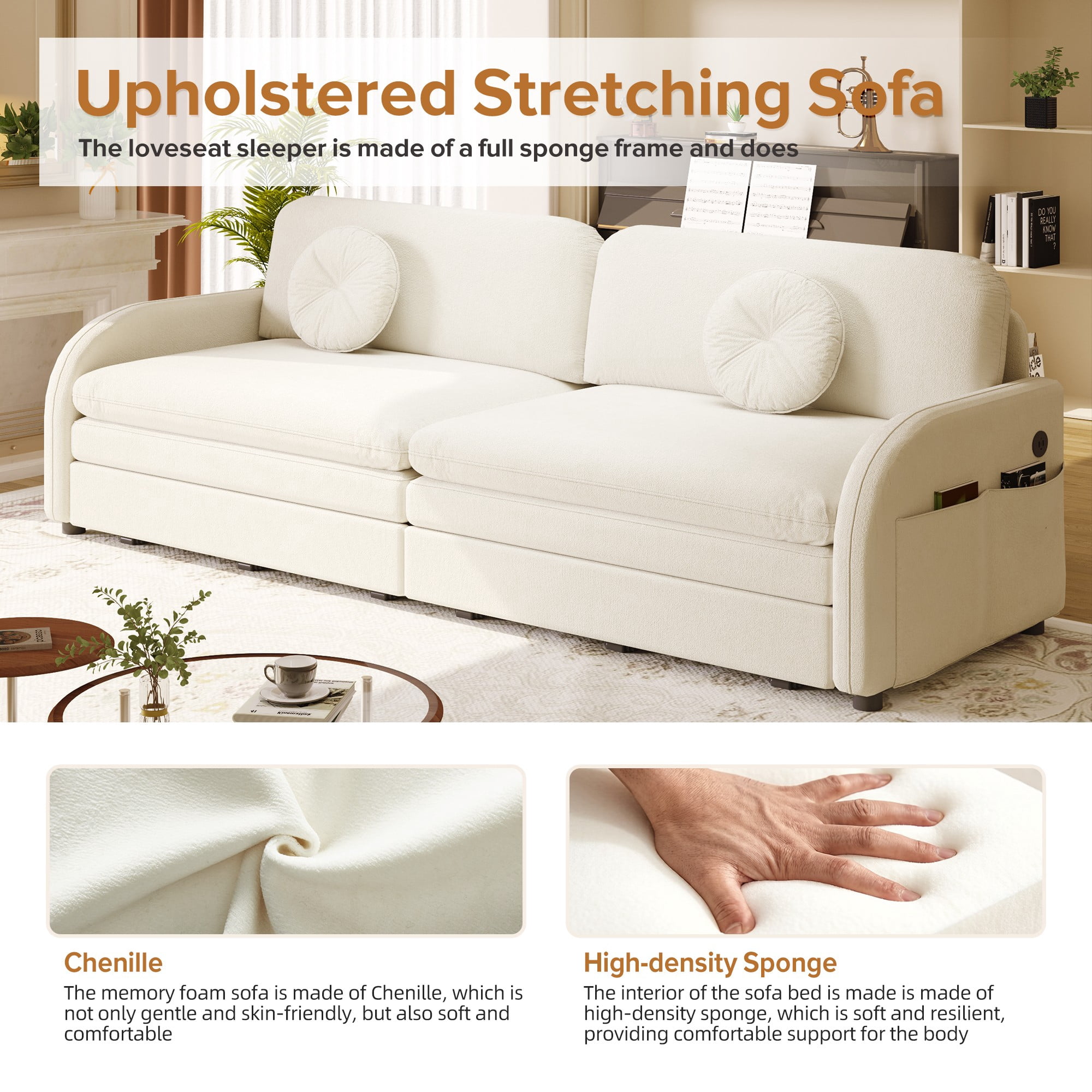 LLappuil King Size Pull Out Sofa Bed, Compact Loveseat Sofa Covertible Sofa Bed with USB Port, Side Pocket , Chenille Sofa Couch for Living Room Beige