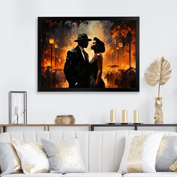 Designart "Harlem Renaissance Jazz Couple in Black and Orange" People Framed Wall Art Decor - Global Black Harlem Renaissance Bedroom Framed Canvas Wall Art