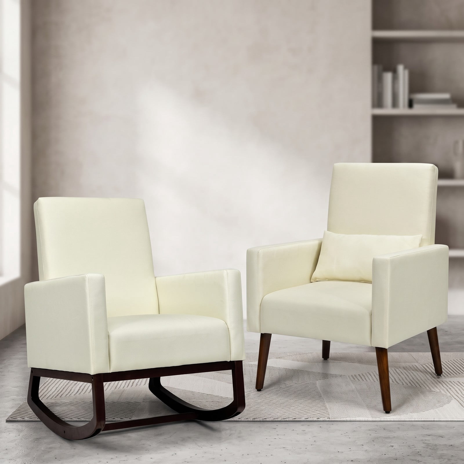Furnibear 2-in-1 Upholstered Rocking Chair, Linen Fabric Nursery Glider Accent Armchair with Removable Pillow, Convertible Rocker to Stationary Chair, Solid, Beige