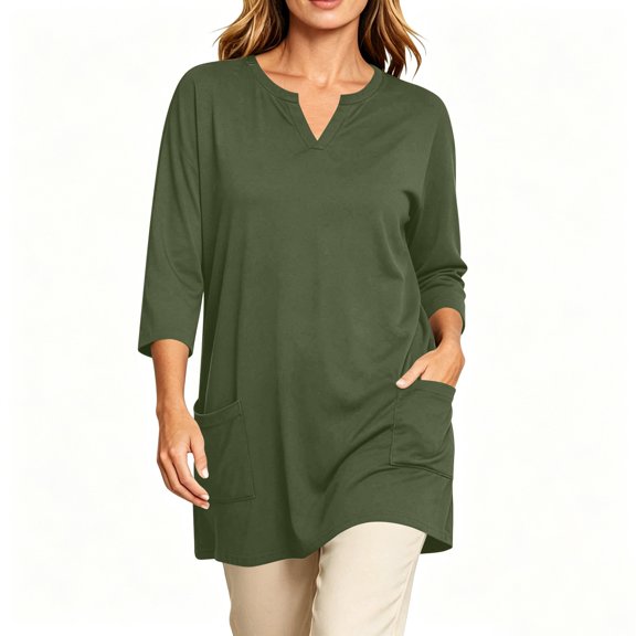 CLOISE Womens Dressy Blouses Plus Size 3/4 Sleeves T Shirts Loose Solid Color V Neck Pullover Trendy Fall Tunic Tops with Pockets Army Green 2XL