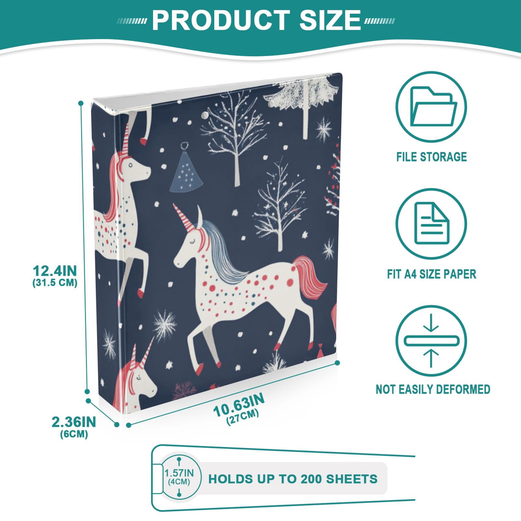 Unicorns and Trees 3 Ring Binders 1.5 inch Hardcover File Folders with Interior Pockets A4 Size Organizer for School Office Hospital