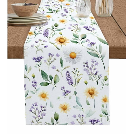 

Table Runner Dresser Scarf 13 x 36 Inch Spring White Yellow Daisy Lavender Leaf Floral Table Runners Non-Slip Heat Kitchen Dining Table Decor for Indoor Outdoor Home Party Decoration