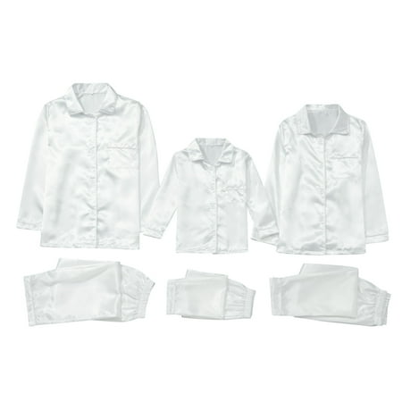 

LUOGENLI Toddler Family Matching Sets Satin Silk Button down Pajamas Pj s Sets Solid Two Piece Family Matching Sleepwear Loungewear Long Sleeve Silk Nightwear for Child White 3-4 Years