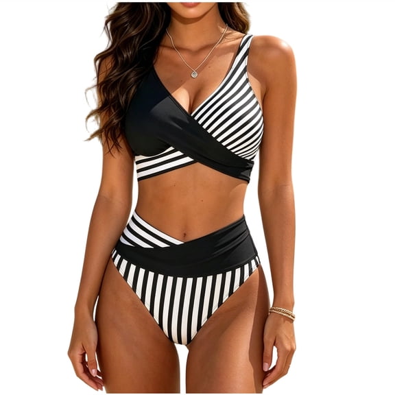 Enjoytime Bikini Sets for Women Printed V-Neck Tummy Control 2 Piece Swimsuit 2026 Summer Modest Bathing Suit