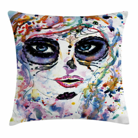 Sugar Skull Decor Throw Pillow Cushion Cover, Halloween Girl with Sugar Skull Makeup Watercolor Painting Style Creepy, Decorative Square Accent Pillow Case, 24 X 24 Inches, Multicolor, by Ambesonne