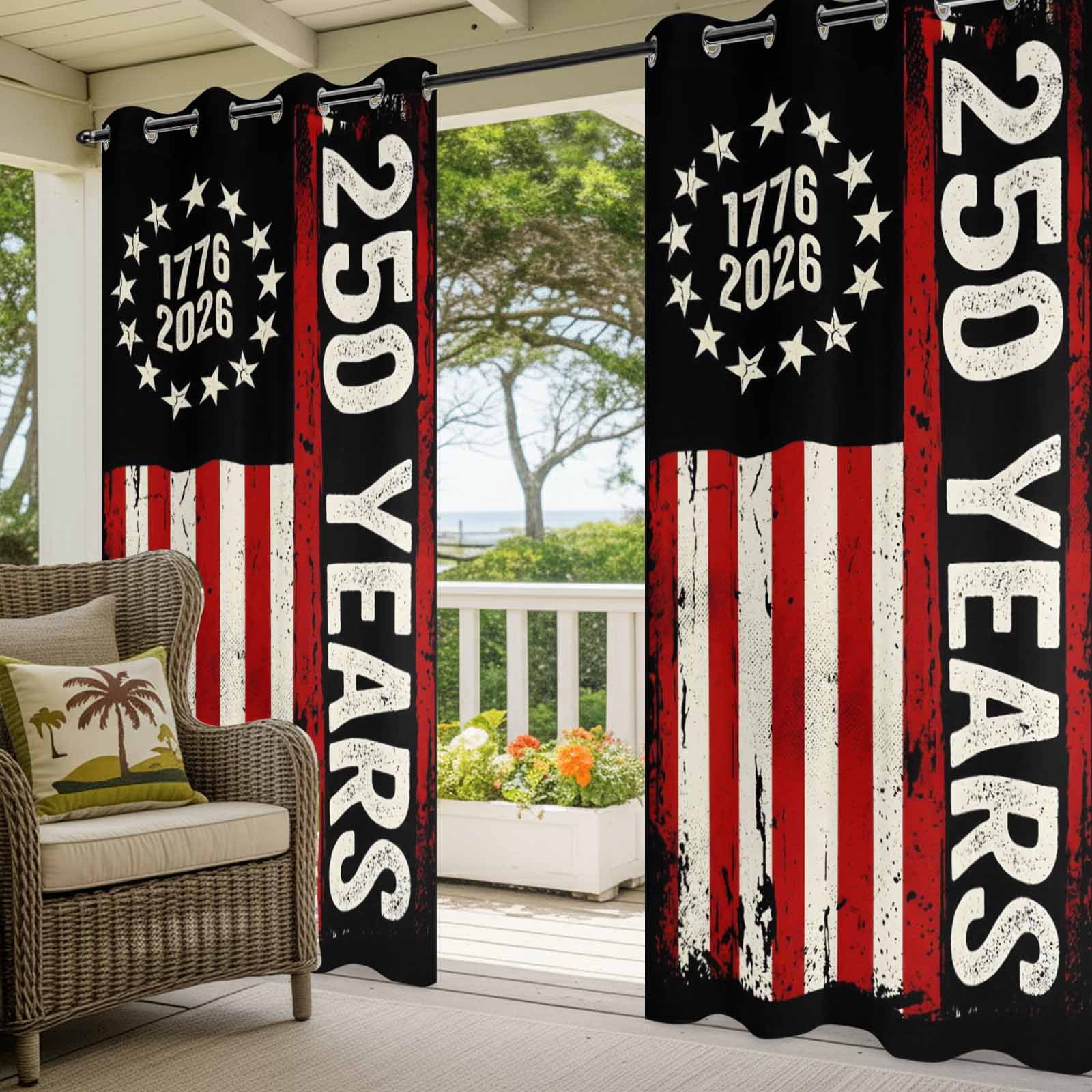 Independence Day Outdoor Curtains for Patio, Distressed 250 Years Red White Flag Sunshade Privacy Drapes Grommet Waterproof Outside Curtains for Porch/Cabana/Balcony 54"x 108", 1 Panel