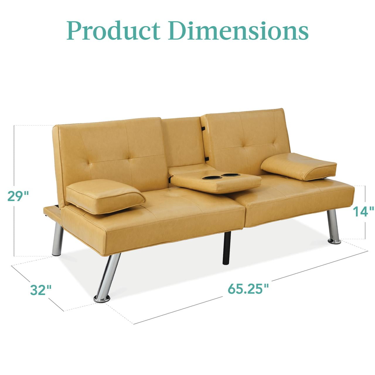 Best Choice Products Modern Faux Leather Convertible Futon Sofa w/ Removable Armrests, 2 Cupholders - Camel Yellow