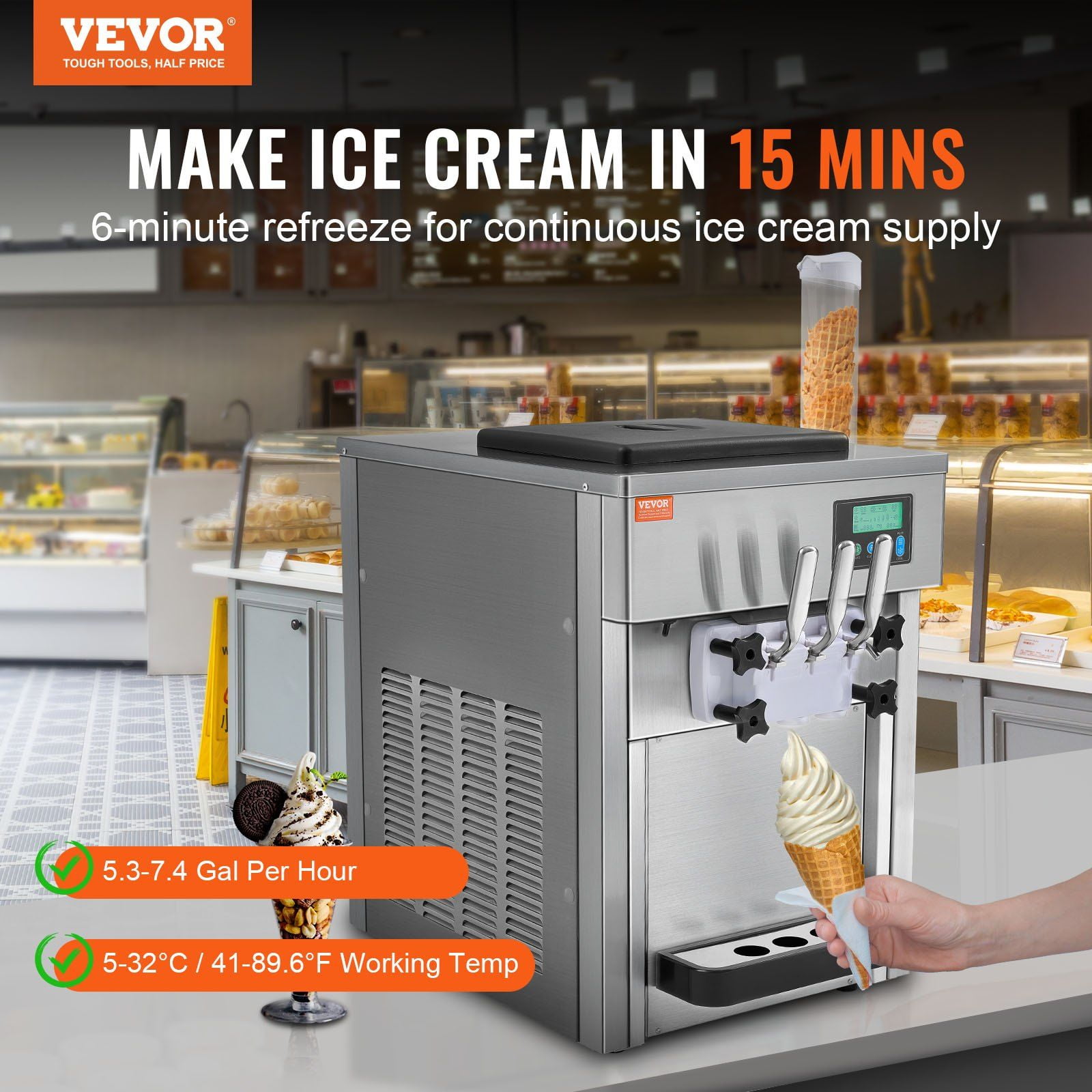 HCY Commercial Ice Cream Machine, 21 QT/H Yield, 1800W 3-Flavor Countertop Soft Serve Ice Cream Maker, 2 x 4L Hopper 2 x 1.8L Cylinder, LCD Panel Auto Clean Pre-cooling, for Restaurant Snack Bar
