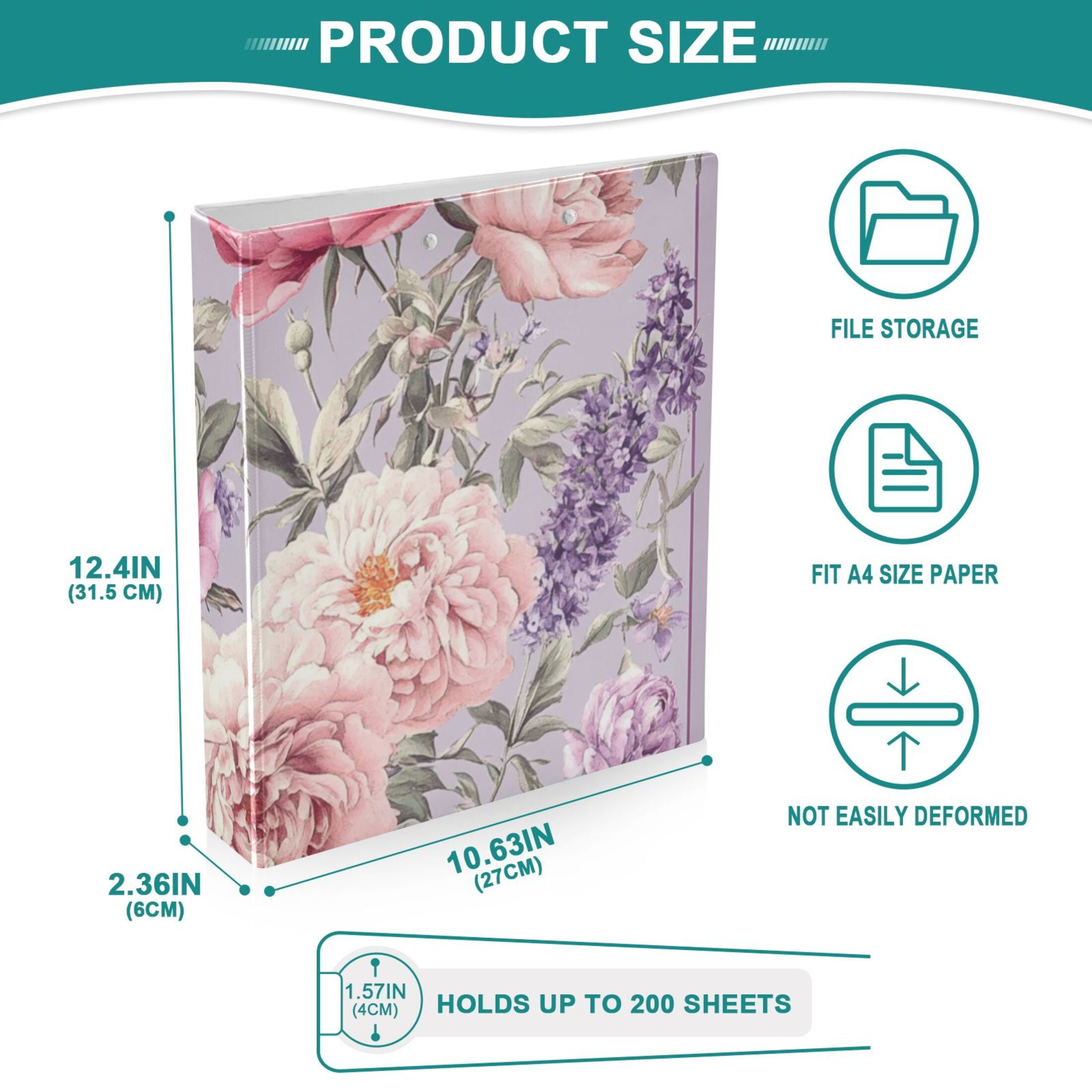 Lavender Roses Peonies Flowers 3 Ring Binders 1.5 inch Hardcover File Folders with Interior Pockets A4 Size Organizer for School Office Hospital Set of 2