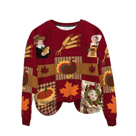 Makaor Sweatshirts for Women Men Plus Size Thanksgiving Day Crew Neck Tops Fleece Long Sleeve Pullover Color Block Clothes