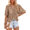 thumbnail image 2 of Txlixc Blusa informal para mujer, cuello en V, manga acampanada, textura de flores, botones, camisa suelta con volantes para mujer Txlixc  Moda, 2 of 5