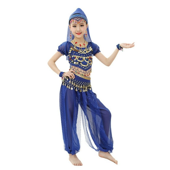 Hiijoy Big Girls Belly Dance Outfits Performance Sequin Mesh Crop Top Pants Set, Sizes 7-8Y