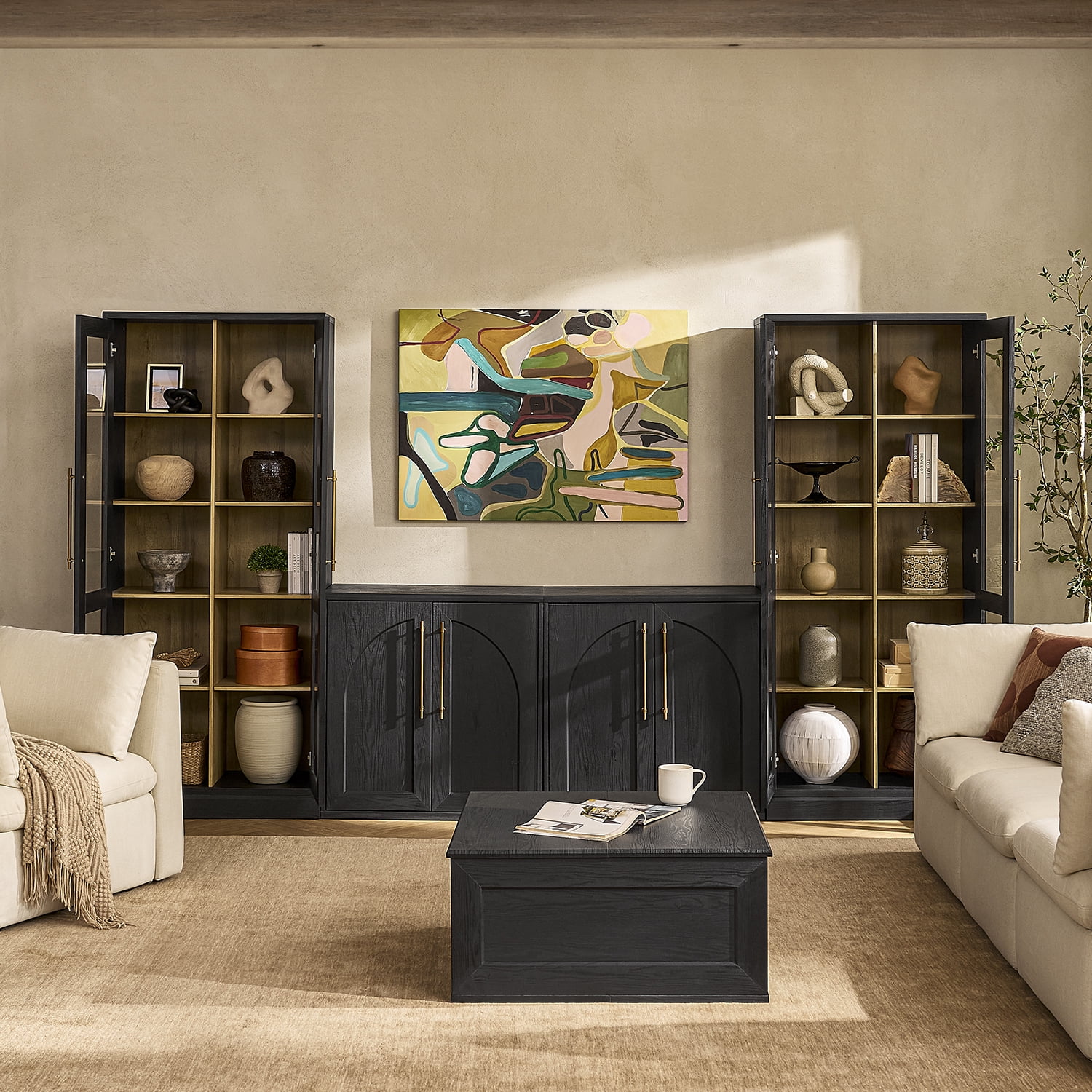 Blake 4 Piece Entertainment Center with Storage, TV Stand with Tall Arched Display Cabinets, Black Oak