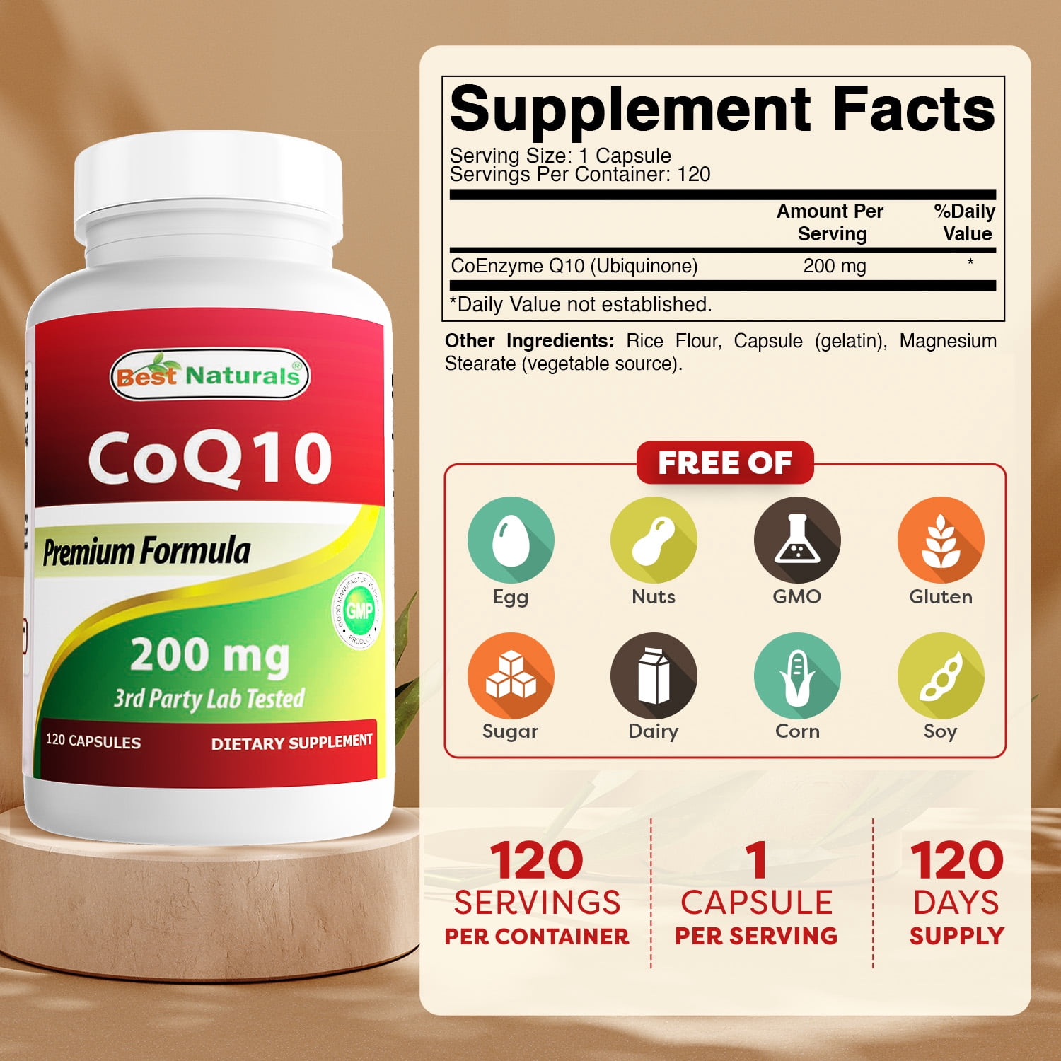 (2 pack) Best Naturals CoQ10 200 mg Promotes Cardiovascular Health Heart Health - 120 Capsules