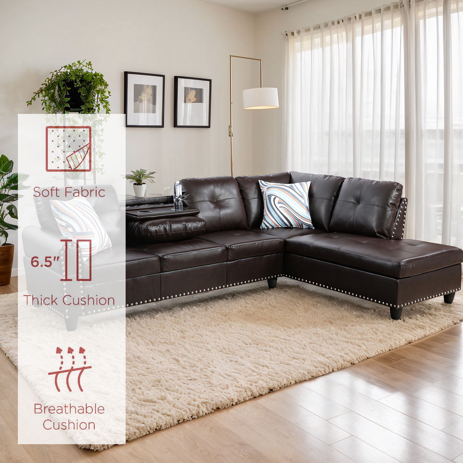 4-seater L-shaped sofawith 90° Swivel Cup Holders, apartment, living room, and office sofa(Includes 2 Pillows)