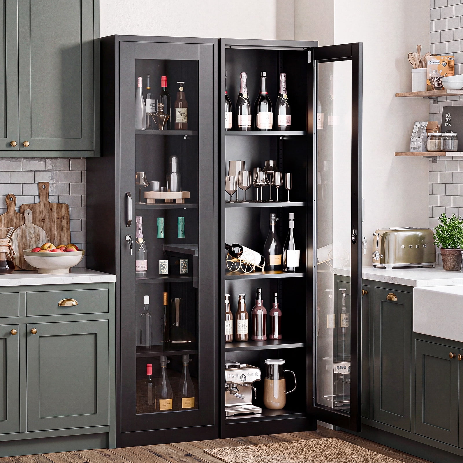 Ktaxon 65" Glass Door Steel Display Cabinet with Lock, Adjustable Shelves, Tall Narrow Storage Cupboard, LED-Ready, Black