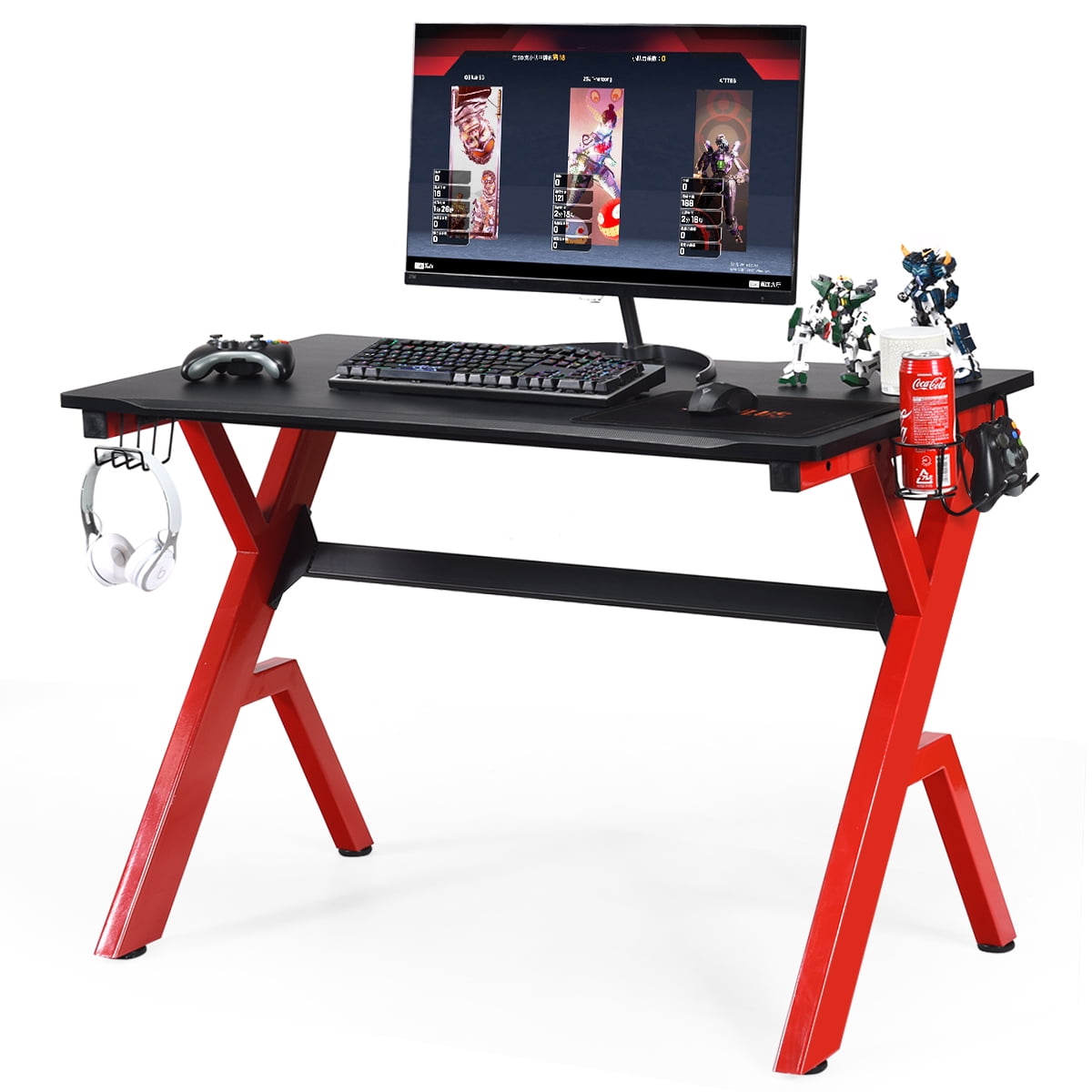 Ergonomic Gaming Desk Computer Table with Headphone Cup Holder Cable Management