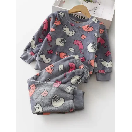 

GEDER-F1 Kids Cute Kitty Long Sleeve Fleece Pajama Set