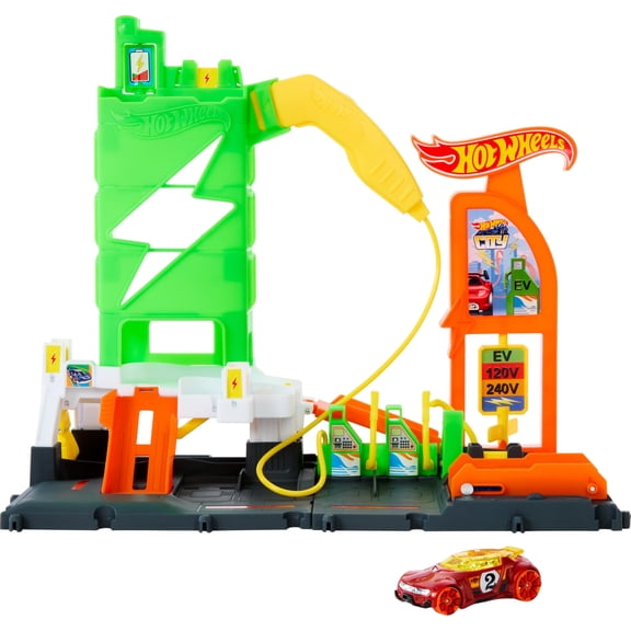 Hot Wheels City Track Set, Super Recharge Fuel Station Playset with EV Chargers & 1:64 Scale Toy Car