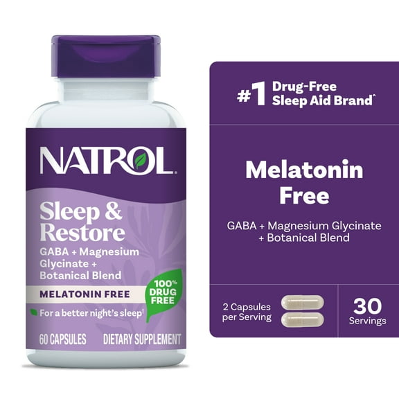 Natrol Sleep & Restore, GABA, Magnesium Glycinate, Melatonin-Free for Restorative Sleep,30 Capsules