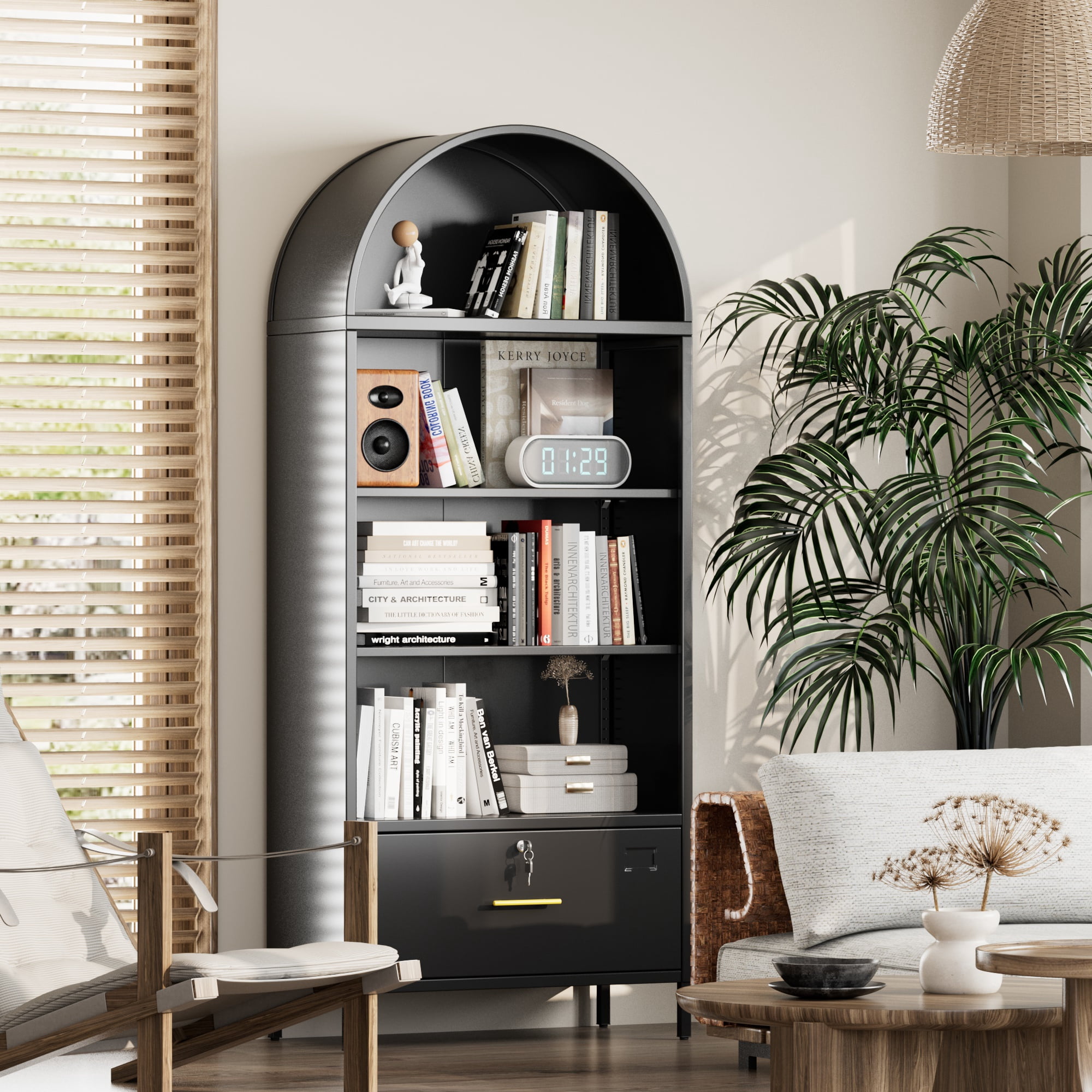 Aobabo Metal Arched Bookshelf Cabinet with Lockable Drawers,Arch Display Bookcase File Cabinet with Shelves for Home Office Living Room Black,Assembly Required