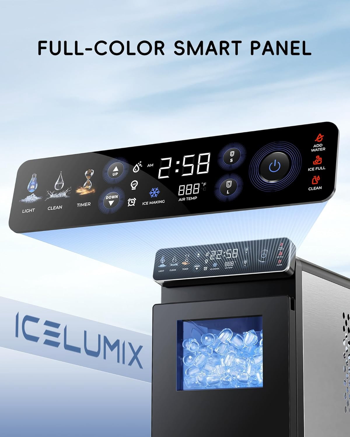 Ice Makers Countertop, Ultra Slim Design with Full-Color Panel, Internal Lights, 26 lbs/24H, Timer Ice Making, Two Ice Sizes, Portable Self-Cleaning Ice Machine for Home/Kitchen/RV