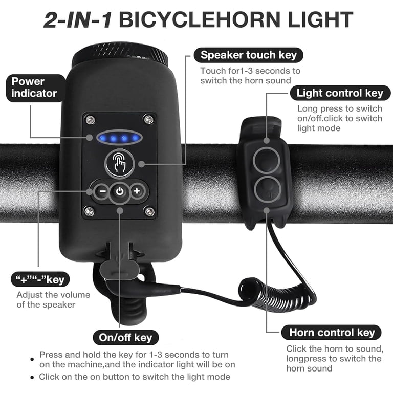 Bike Horn with Light,110 dB Loud Bicycle Horn, Electric Bike Headlight with 4 Light Modes, 6 Sounds Adjustable Volume, Rechargeable Battery Bike Front ... Bike Horn with Light,110 dB Loud Bicycle Horn, Electric Bike Headlight with 4 Light Modes, 6 Sounds Adjustable Volume, Rechargeable Battery Bike Front ...