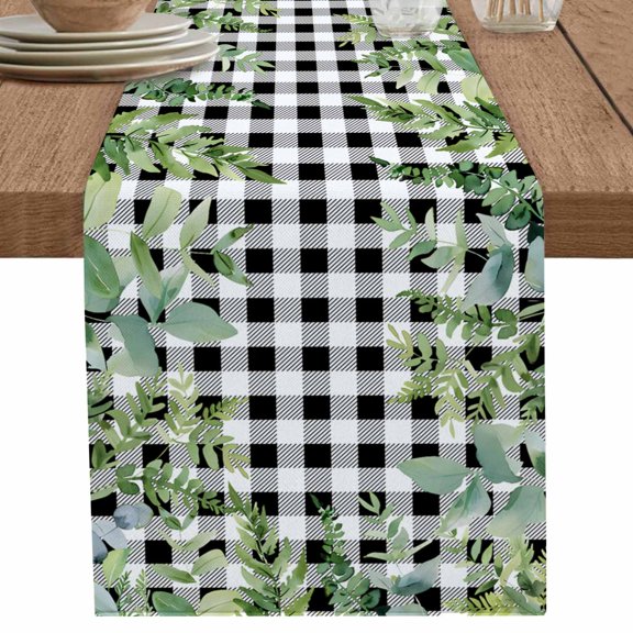 nqOlkjepod Eucalyptus Leaves Table Runner 72 Inches Long Farmhouse Dress Scarves, Summer Botanical Black Checked Dining Tablerunner for Coffee Table/Kitchen Island/Party Décor, 14" x 72"