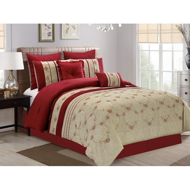 7Pc Floral Vine Scroll Embroidery Pleated Comforter Set Burgundy Red