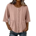 thumbnail image 2 of ClodeEU Women's Crew Neck 3/4 Sleeve Button Down Blouse,Casual Loose-Fit Linen Blend Shirt Pink,Women's Plus XL, 2 of 7