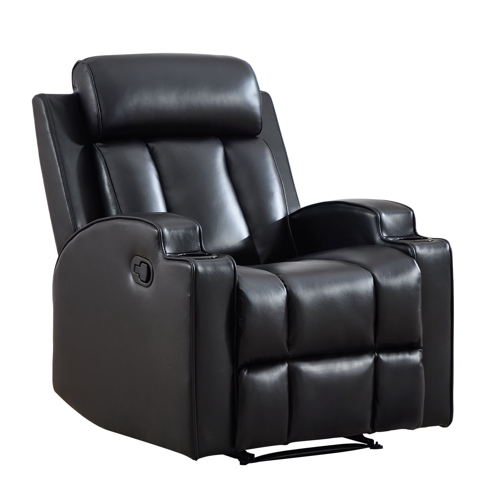 Ebello Manual Reclining Chair, PU Leather Modern Overstuffed Recliner with Cup Holders for Living Room & Home Theater, Black