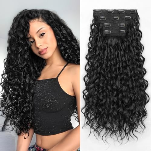 Curly Clip in Hair Extensions,4PCS 20 Inch Hair Extensions long Soft Hairpiece Lace Weft Curly Wave Clip Ins Extensions Invisible for Women(Black)